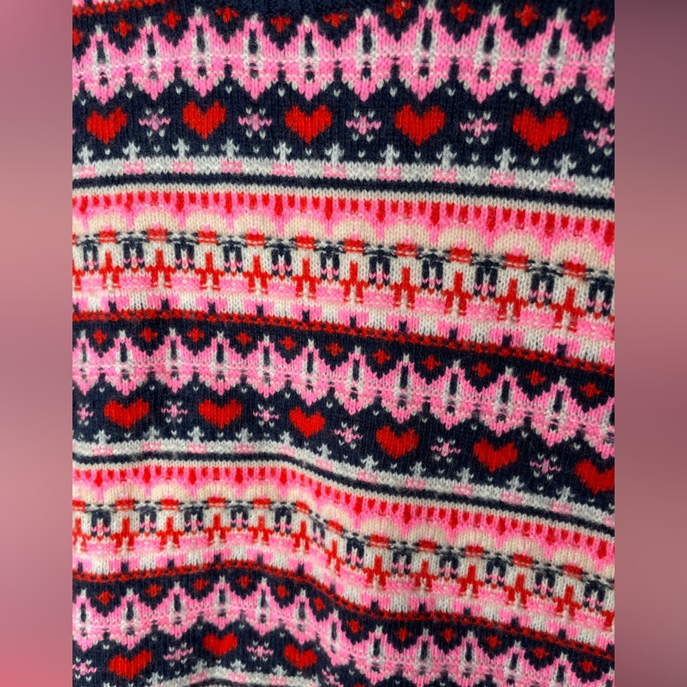 J. Crew Navy Shrunken Fair Isle Crewneck Sweater Size XS Pink Red Hearts - Picture 6 of 9